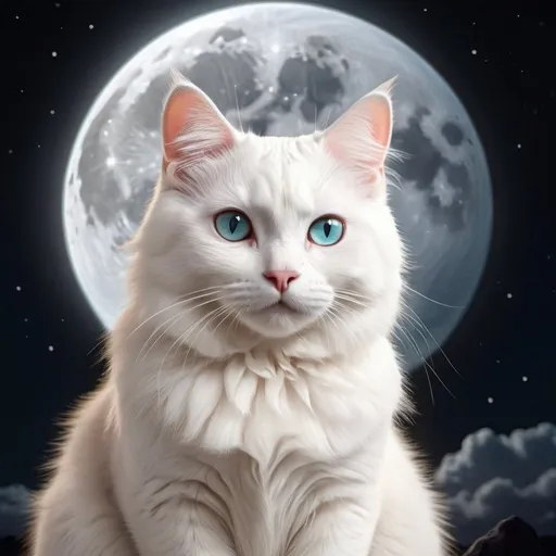 Prompt: white cat sitting in front of the full moon, realistic portrait in kawaii style, hyperrealistic, star shine, night light, beautiful, colorful, realistic, high detail, 3D animated graphics, stunning matte painting