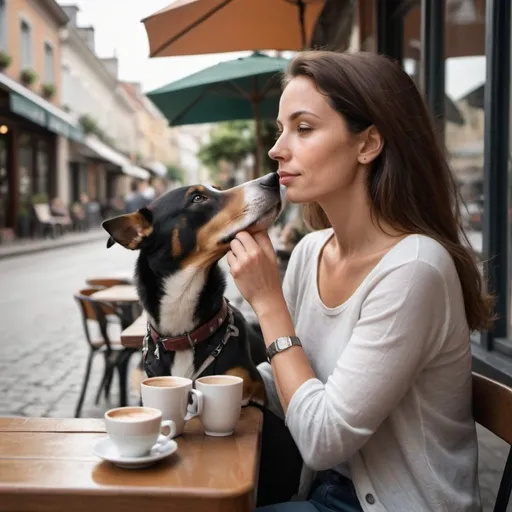 Prompt:  A woman sitting at a street cafe table, drinking coffee and petting a dog, looks thoughtfully into the distance, immersed in thoughts about the interconnected beauty of human-animal communication and the peaceful morning atmosphere around her.