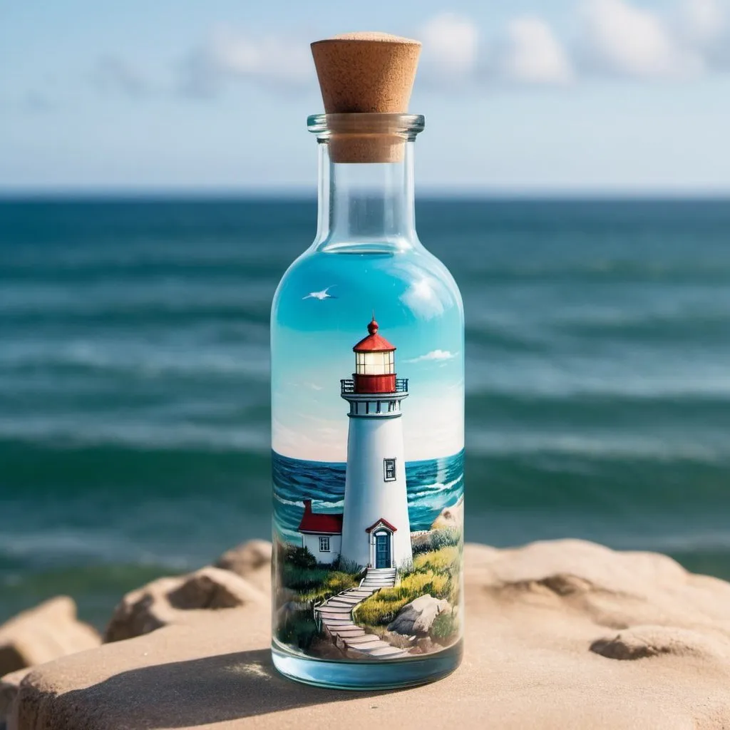 Prompt:  Discover the magic of the sea with this enchanting bottle featuring a picturesque lighthouse that will awaken your wanderlust. 🌊🌌 Sea Escape, Light house Dreams, Wanderlust Vibes