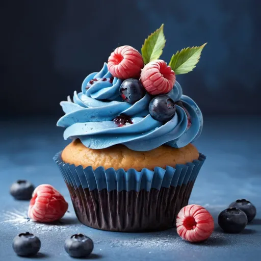 Prompt: a cupcake with blue frosting and berries on top, a detailed painting by Magali Villeneuve, shutterstock, computer art, blueberry, cupcake, blue wall  
