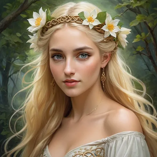 Prompt: a painting of a woman with flowers in her hair, beautiful fantasy art portrait, beautiful fantasy painting, beautiful fantasy portrait, very beautiful fantasy art, portrait of celtic goddess diana, beautiful fantasy maiden, ornate long flowing blonde hair, beautiful fantasy art, romanticism painting, beautiful portrait oil painting, very beautiful elven top model, realistic cute girl painting, very beautiful digital art