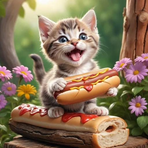 Prompt:  a kitten licking a hot dog on top of a stump, a happy smile, very tasty, smiling, laughing, against a background of flowers and a bush, fantasy beautifully realistic drawing 3D cartoon
