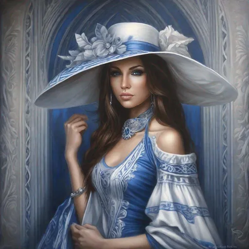 Prompt: a woman in a blue and white dress and hat, a fine art painting by Anne Stokes, deviantart, fantasy art, beautiful fantasy painting, beautiful fantasy art portrait, beautiful fantasy portrait