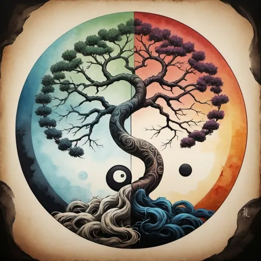 Prompt:   a painting of a tree and a yin sign, taoism, balanced colors hd, spiritual imagination of duality, zen aesthetic, yin yang, balanced colors, balance,  combination art, everything is in balance, zen concept, yinyang shaped, nonduality, life and death mixing together, tai chi, tattoo design, concept tattoo design, balance composition