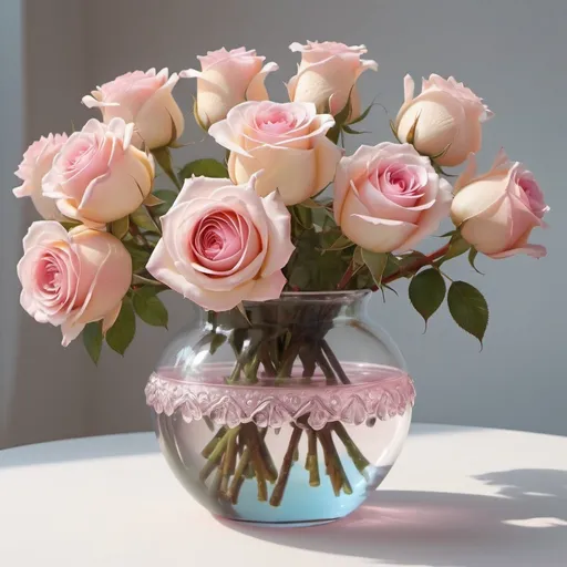 Prompt: a bouquet of roses in a vase, in a short round glass vase,white, pale pink, cream), dew drops, causes delight, happy appearance, (amazing, sky pink, ornate, fantastic realism, very beautiful, fantasy art, the play of light and shadow, transparency,
ephemerality,
contrast, 
beautiful, colorful, realistic, with high detail, animated 3D graphics, stunning matte painting,