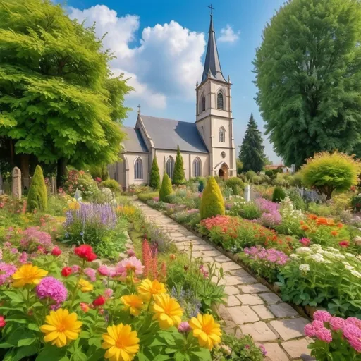 Prompt: a garden with flowers and a church in the background,   flowery cottage, garden with flowers background,   beautiful garden, the grand temple of flowers, beautiful garden on backgroun