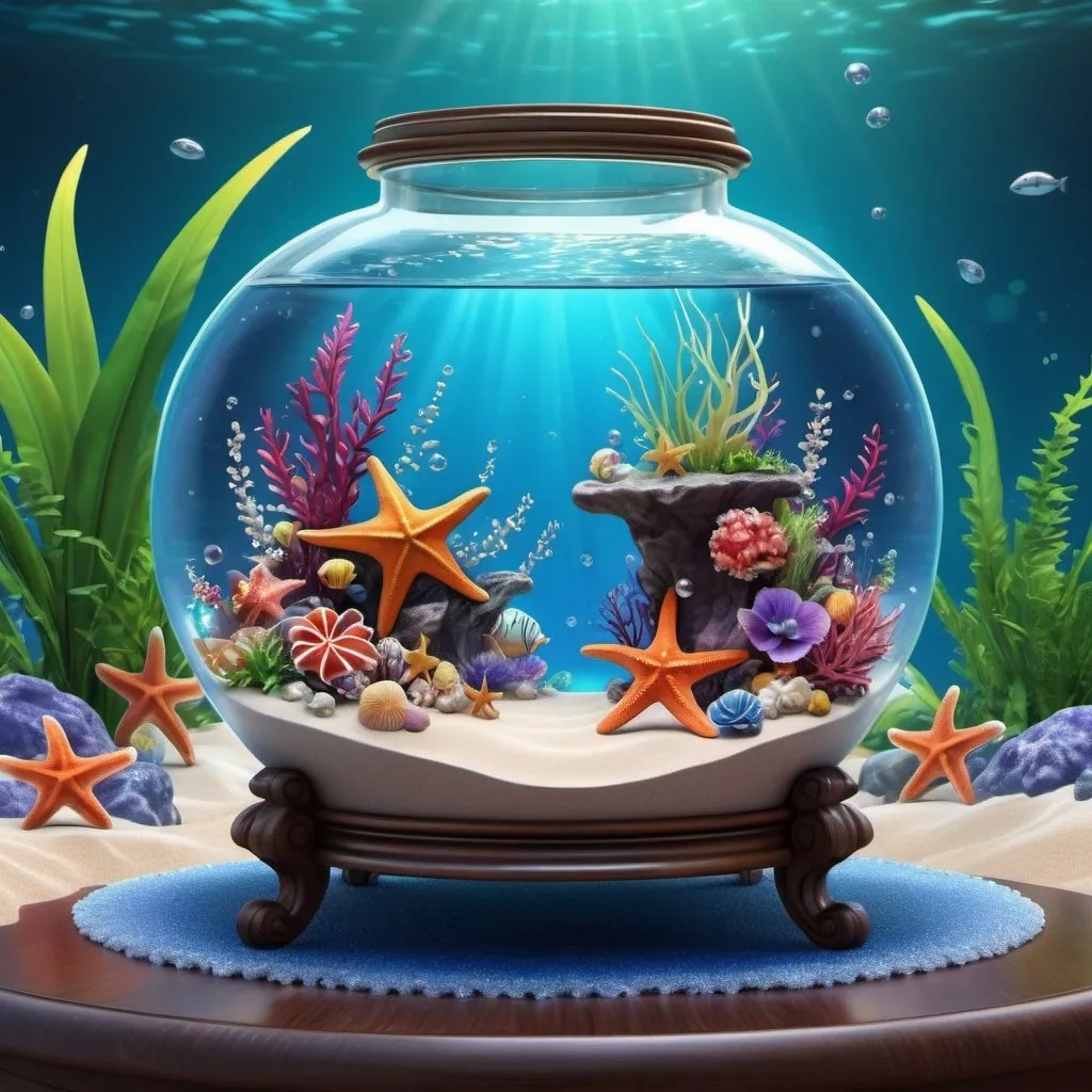 Prompt: Aquarium standing on a table, filled with pearls and starfish, against the backdrop of a whimsical fantasy landscape, tropical vegetation, cheerful atmosphere, beautiful features, dynamic splashes, beach on the outer edge, beautiful 3D rendering, realistic, high detail, cartoon image, rich, beautiful deep colors, beautiful