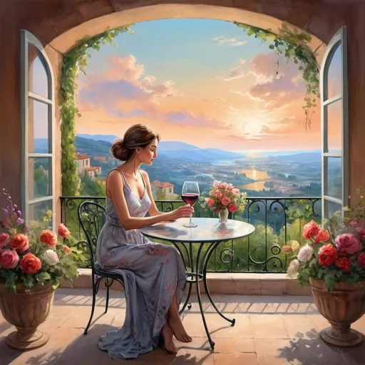 Prompt:  a woman sitting at a table with a glass of wine, the art of a dream landscape, on the terrace, a nice job, very, very beautiful landscapes, floral design, very thirsty, lamented, window, illustration of environmental design,