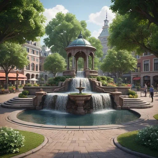 Prompt: a charming park square with an attractive artificial waterfall, trending on artstation, sharp focus, studio photo, intricate details, highly detailed, by greg rutkowski