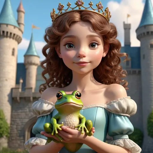 Prompt: High quality professional 3D rendering of a young fairy tale character with brown curly hair, wearing a tiara and holding a frog in a crown in her arms against the backdrop of a castle. beautiful, colorful, realistic, highly detailed, animated 3D graphics, stunning matte rendering.