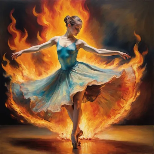 Prompt:  Highly detailed oil painting of a dancer moving gracefully through flames, reminiscent of the works of Edgar Degas and Paul Cézanne, vibrant colors, intricate detail, realistic style, studio lighting.