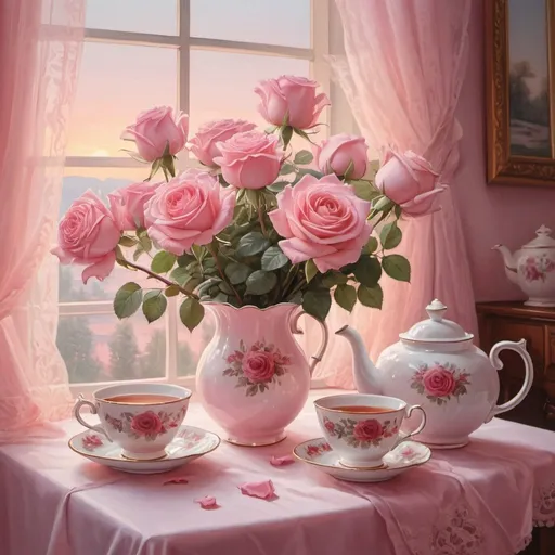 Prompt:  a painting depicting a bouquet of roses in a vase, a teapot and a cup of tea on the table, a very detailed illustration. In the gentle pink light of dawn,