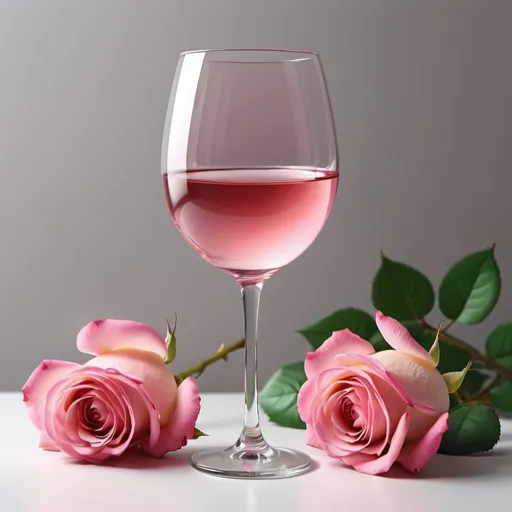 Prompt: a glass of pink wine and bottom pink roses , cartoon drawing, very bright design, realistic,natural, high detail, medium plan, the effect of blooming lighting,