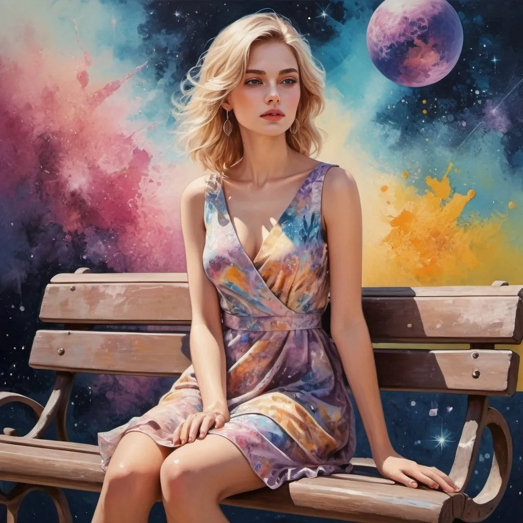 Prompt: a painting of a woman sitting on a bench,   well - detailed outfit, in sunny weather, detailed feminine face, color splashes, blonde girl in a cosmic dress, wearing fashion clothing, beautiful female model standing, solid color background intricate