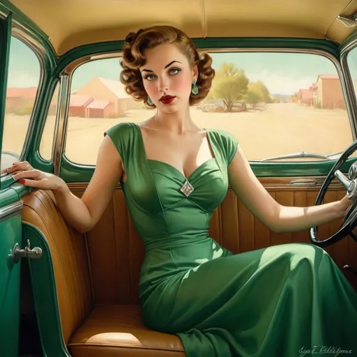 Prompt:  a woman in a green dress sitting in a car, gil elvgren style, beautiful fantasy art portrait, joyce ballantyne style, realistic art deco, inspired by Art Frahm, beautiful fantasy portrait, artgerm and gil elvgren, retro vintage and romanticism, by Art Frahm, art deco era), elegant photorealistic