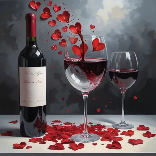 Prompt: painting of a vase of flowers and a glass of wine, award-winning fantasy art, falling red petals, many hearts, wine glass, aesthetic art