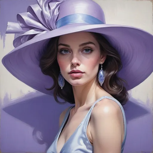 Prompt: a painting of a woman wearing a large hat, by Mark Brooks, elegant trend, violet color scheme, elegantly posing over you, a painting of white silver, style of laura sava, blue colour scheme, pastel artwork, john stephens