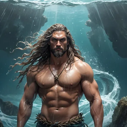Prompt: a man that is standing in the water, masculine muscular figure, male art, god of the ocean, poseidon, olchas logan cure liang xing, the god of the sea, the god poseidon, long flowing hair underwater, dorian cleavenger, muscular masculine figure, male anime character, jereme momoa as tarzan, fantasy male portrait