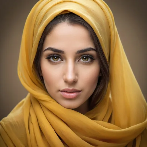 Prompt: a woman with a yellow scarf over her head, flowing golden scarf, beautiful portrait image, beautiful fantasy portrait, beautiful female portrait, beautiful arab woman, young middle eastern woman, beautiful portrait photo, beautiful fantasy art portrait, beautiful woman portrait, beautiful feminine face, arabian beauty, beauty woman with detailed faces, very beautiful portrait, beautiful iranian woman