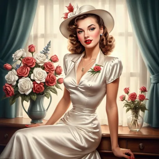 Prompt: woman in white satin dress and hat with flowers, pin up art, dressed like in the 1940s, fantasy realistically beautiful, airbrush drawing