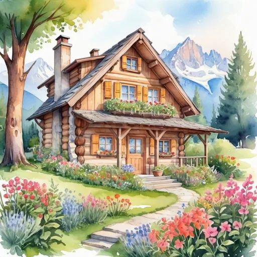Prompt: watercolor drawing of a cute house in the garden, beautiful plans, with bright flowers and plants, with soft bushes, vines associated with nature, a log cabin under the Alps, very bright design, in a cartoon style