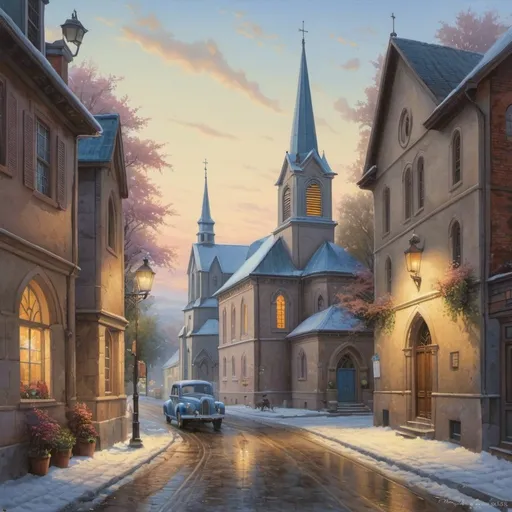 Prompt:  a painting of a street with a church in the background, a watercolor painting by Evgeny Lushpin,  fantasy art, ( ( thomas kinkade ) ), style thomas kinkade, style of thomas kinkade