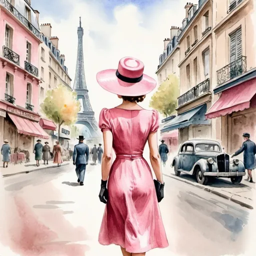 Prompt:  A woman in a pink dress and hat walking down the street,background of Paris, in the style of the 1940s, pencil and watercolor.