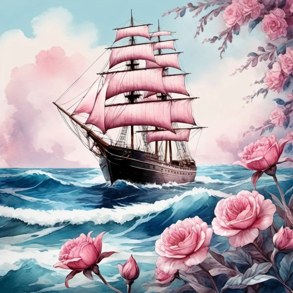 Prompt: ship sails, with flowers, sea, waves,high detail pink and blue colors, vintage aesthetics, in the style of old fantasy,approaching photorealism, the art of color sketch, watercolor painting