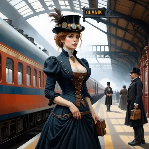 Prompt:  a painting of a woman at a train station, a fine art painting by David Roberts, cgsociety, fantasy art, victorian era painting, victorian painting, steampunk illustration