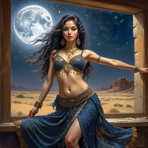 Prompt: A very beautiful girl with long, black, thick hair dances the belly dance. In the large window in the background, the starry sky, the moon, and the desert are visible in HDR format from Gustave Moreau, Thomas Kinkade, James Gurney. Carn Griffiths. Frank Frazetta. van Gogh, Alberto Sevezuil, painting, masterpiece, Realistic, deep colors, blue tint, bronze-gold moon only, night landscape, fields, Cornfields, Intricate, detailed, clear, Enhanced image quality, sharp brush strokes,High dynamic range, bright, rich details, sharp shadows and highlights, realistic, intense, increased contrast, high detail, masterpiece, best quality, ultra detailed