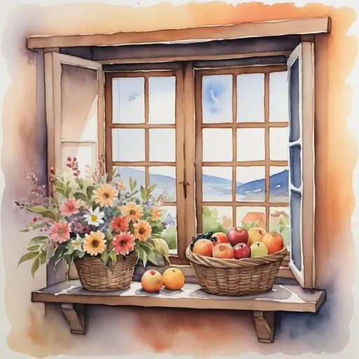Prompt:  A watercolor painting depicting a cozy scene with a window, flowers, and a basket of fruits.