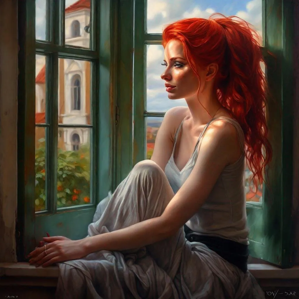 Prompt:  a woman with red hair sitting on a window sill, a photorealistic painting by Tony Sart, Artstation, figurative art, style of laura sava, beautiful fantasy art portrait, gorgeous digital painting