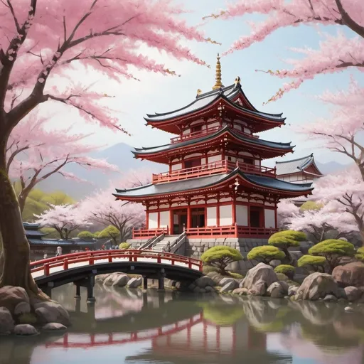 Prompt: A serene, otherworldly scene unfolds as you gaze upon a Japanese-style temple complex nestled amidst a sea of delicate cherry blossom trees. The vibrant pink petals dance in the breeze, creating a picturesque spectacle. The temple features intricate wooden architecture, adorned with ornate carvings and vibrant red accents. Flowing water surrounds the complex, with small streams meandering through the landscape, cascading into tranquil ponds. The environment exudes a sense of tranquility and harmony, transporting you to a world of serenity and peace. The style of this artwork is a detailed illustration, capturing the intricate details of the temple complex and the surrounding natural elements. The lighting in the scene is soft and gentle, casting a warm glow on the cherry blossom trees and the temple, creating a serene atmosphere. The realization of this image is accomplished using digital painting techniques, with a focus on capturing the delicate textures and vibrant colors of the cherry blossoms and the temple complex.