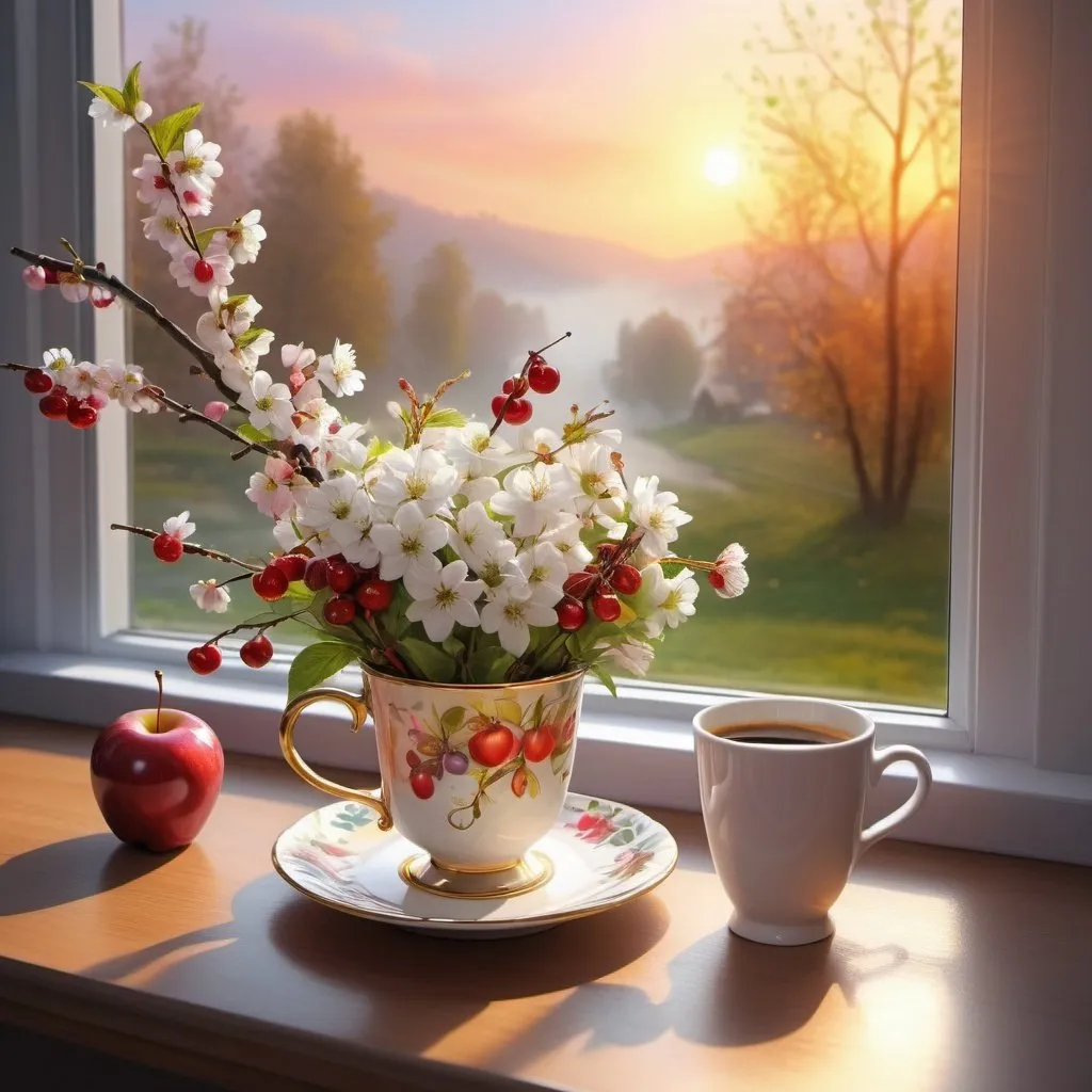 Prompt: Exquisite kramic cup with coffee and a bouquet of blooming twigs of cherry and apple trees, on the table by the window, sunrise, picturesque landscape, swirling fog, shiny metal, happy, beautiful, colorful, realistic, high detail, cartoon style drawing