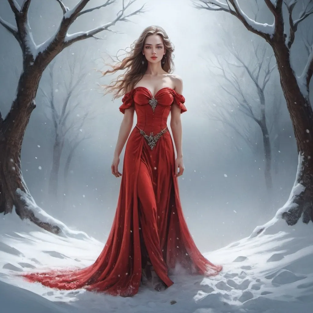 Prompt:  a woman in a red dress standing in the snow,   fantasy art, beautiful fantasy art portrait, beautiful fantasy painting, very beautiful fantasy art