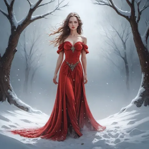 Prompt:  a woman in a red dress standing in the snow,   fantasy art, beautiful fantasy art portrait, beautiful fantasy painting, very beautiful fantasy art