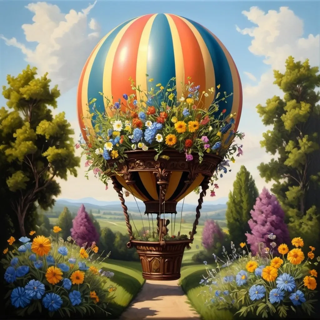 Prompt: A flying balloon filled with wildflowers, in the style of luminous baroque, topiary, realistic, intricate details, oil painting, deep shadow