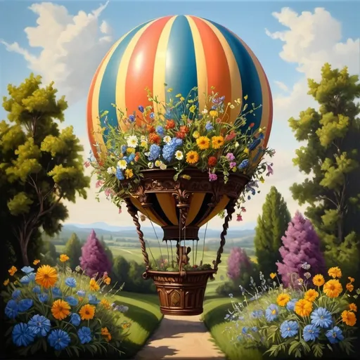 Prompt: A flying balloon filled with wildflowers, in the style of luminous baroque, topiary, realistic, intricate details, oil painting, deep shadow