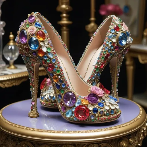 Prompt:  a pair of high heeled shoes sitting on top of a table, made of multicolored crystals, whimsical!! intricate details, alice in wonderland style, jewel embellishment, rich and gaudily, swarovski style, flowers. baroque elements, colourful!! highly detailed, by Alexander McQueen, stylish shoe design, fairytale style, royal jewels, ornate colored gems and crystals