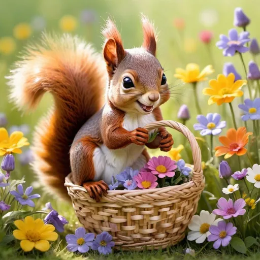 Prompt:  Create a detailed description of a “cute little squirrel with a basket of flowers” ​​frolicking in a sunlit meadow, showing off her adorable features and the many colorful flowers in her basket.