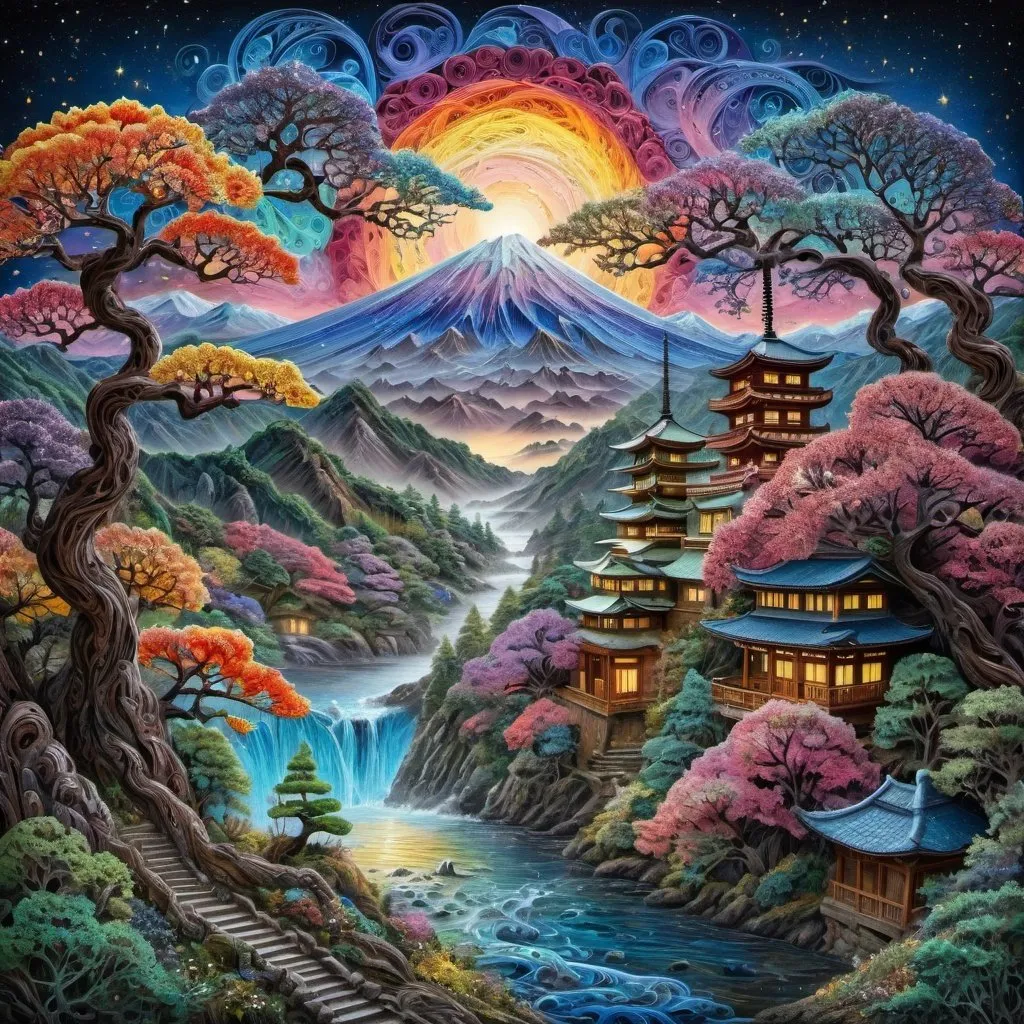 Prompt: japan landscape,
color,3D paper art, quilling art,  

sculptural art, filigree, starry sky,   highly detailed, intricated, colorful, ,fantasy, Josephine Wall, Kush, elegant detailed fantasy acrylic , photorealistic digital art, 32k, octane, UE 5, splash of color, multicolored