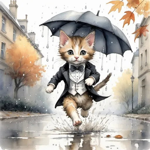 Prompt: watercolor painting, Jean-Baptiste Monge style, cute kitten in a tuxedo running in the rain in autumn, splash of art.