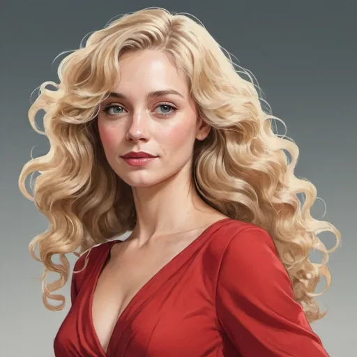 Prompt:  Illustration of a woman with blonde wavy hair wearing a red dress.