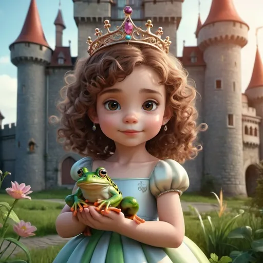 Prompt: A little charming girl with brown curly hair in a tiara and with a frog in a crown in her hands against the backdrop of a castle. fairy-tale character, beautiful, colorful, realistic, high detail, animated 3D graphics, stunning matte painting