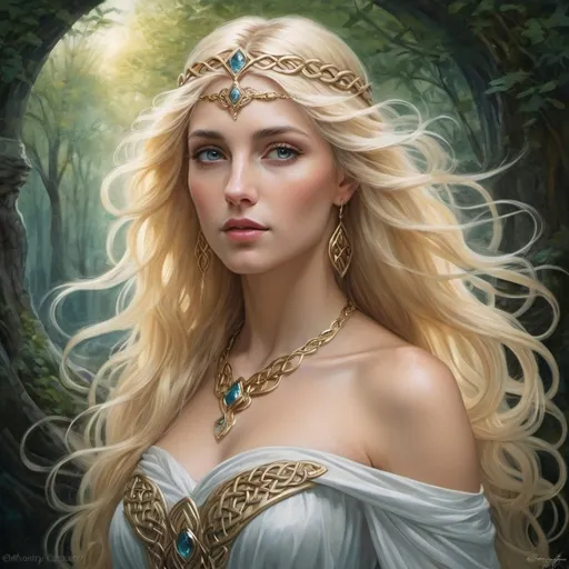 Prompt: painting of a woman with blonde hair, beautiful fantasy painting, beautiful fantasy portrait, very beautiful fantasy art, portrait of the Celtic goddess Diana, elegant cinematic fantasy art, ornate long flowing blonde hair, beautiful fantasy art, highly detailed fantasy art, beautiful fantasy portrait