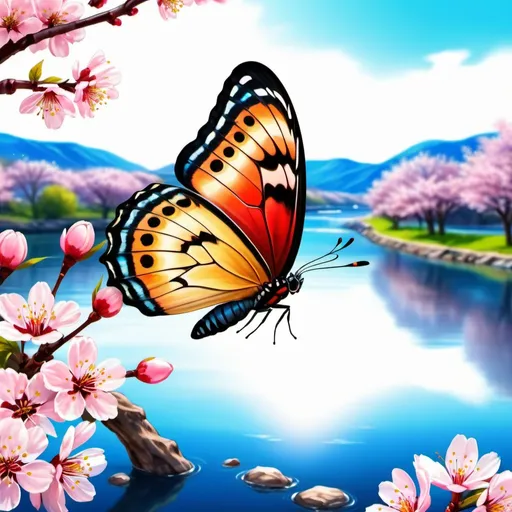 Prompt: round vignette close-up of a butterfly on it, against the background of a river and cherry blossoms, high-quality art, beautiful, realistic, bright saturated colors, drawing