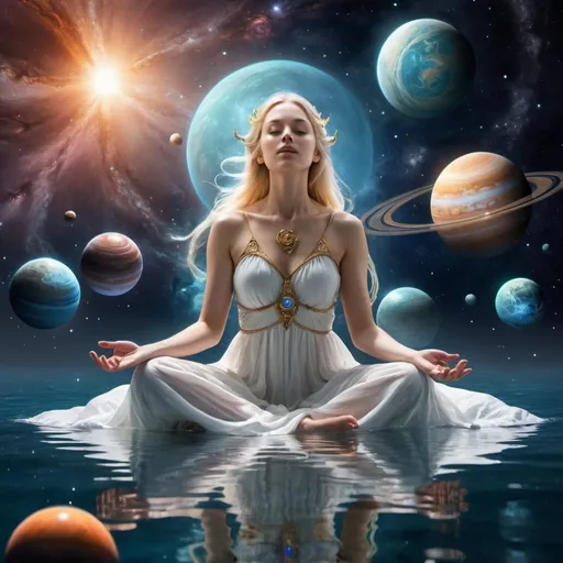 Prompt: a woman sitting in the water surrounded by planets, cosmic goddess, floating beside planets, elven spirit meditating in space, floating across the cosmic ocean, “ femme on a galactic shore, space art, divine cosmic female power, earth goddess mythology, the universe on the background, elven angel meditating in space, blonde girl in a cosmic dress, goddess of galaxies