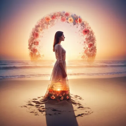 Prompt: a woman standing on the sand, a floral sunset, enchanted dreams. portrait of a dream, overhead light, surrealism, double exposure,