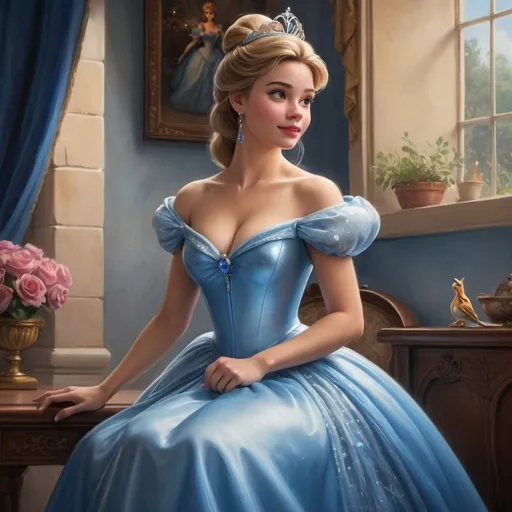 Prompt: a painting of a woman in a blue dress, disney art, cinderella, portrait painting of a princess, photorealistic disney, disney's princess, princess portrait, disney princess, fairytale painting, painting of beautiful, fairytale artwork, gorgeous painting, disney artist, beautiful princess, beautiful fantasy painting, beautiful full body concept art, disney concept art, disney fantasy style, beautiful character painting