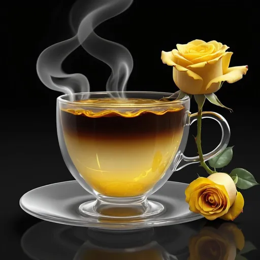 Prompt:   a glass cup filled with liquid and a yellow rose, beautiful gorgeous digital art, full of steaming coffee, houdini rendering, top rated, boiling, connectedness, inspired by Paul Guigou, gm, golden embers flying, rendered illustration, of a lovely